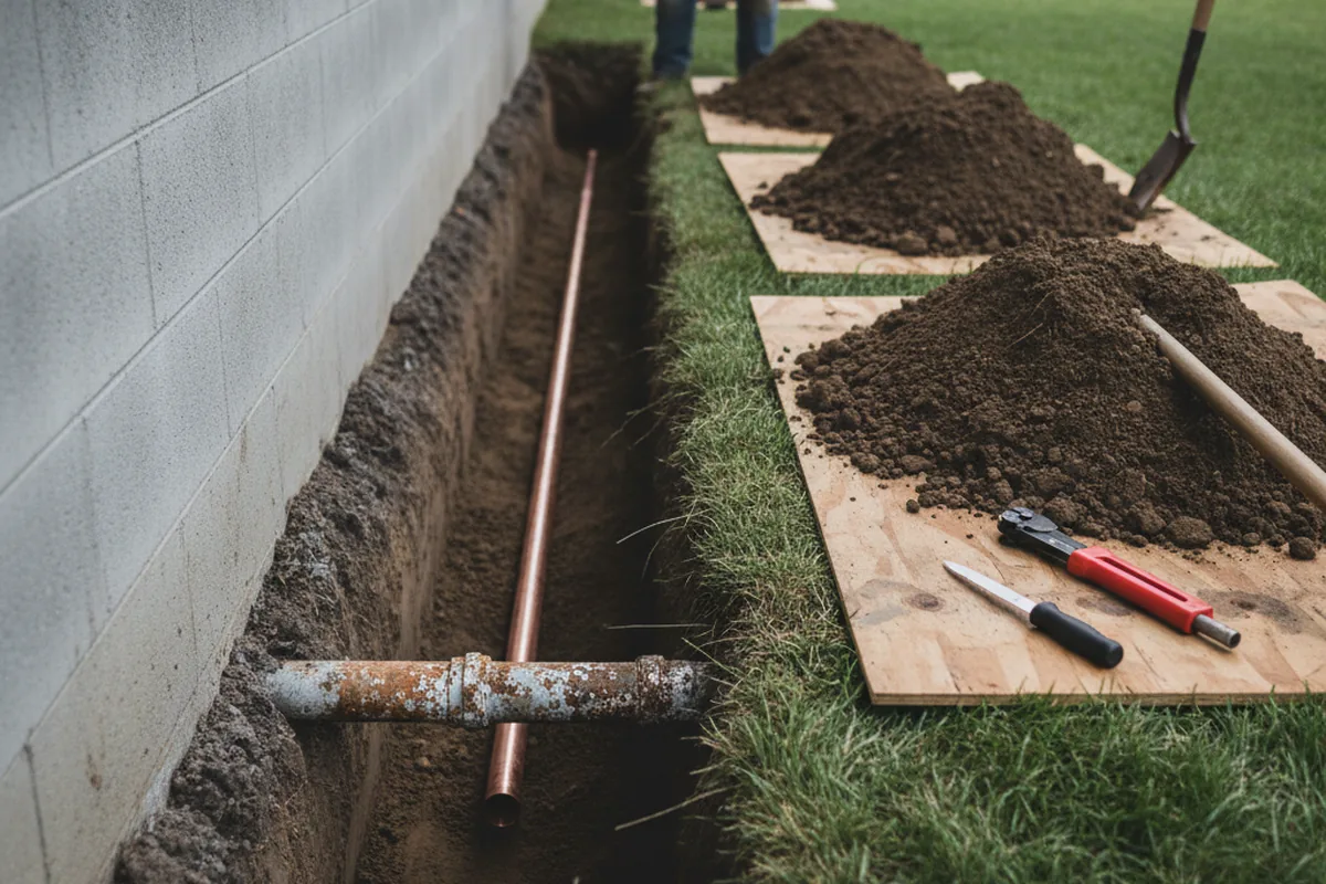 Excavated water line trench during Sewer Line Repair in Fairmont